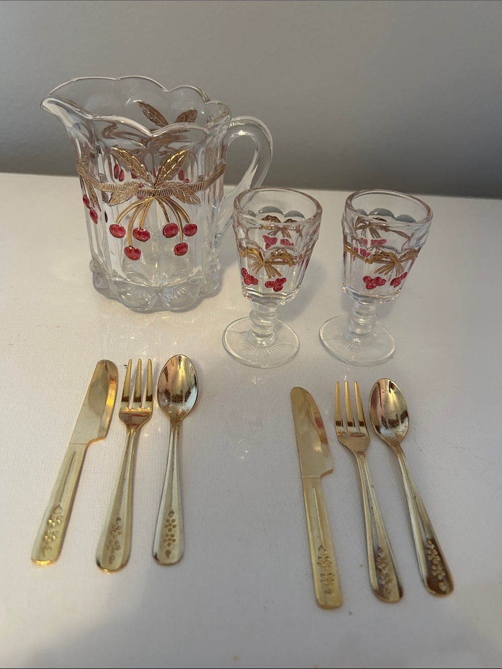 Clear Glass Cherry Pitcher and Goblets with Gold Leaf Accents